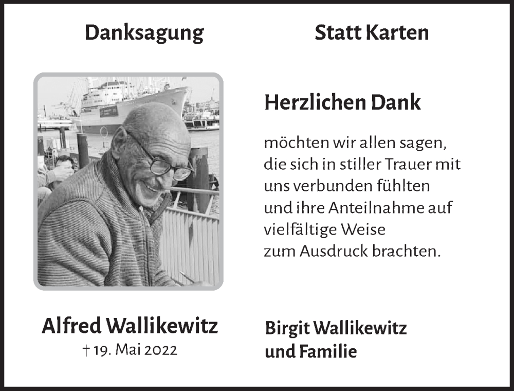  Traueranzeige für Alfred Wallikewitz vom 12.08.2022 aus  Schlossbote/Werbekurier 