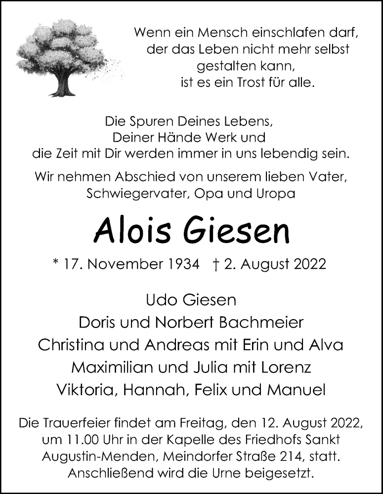  Traueranzeige für Alois Giesen vom 09.08.2022 aus Kölner Stadt-Anzeiger / Kölnische Rundschau / Express