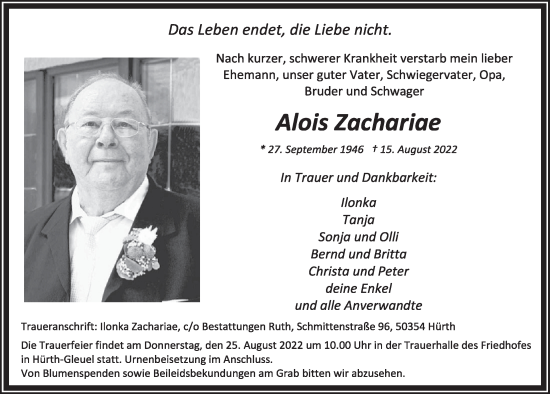 Anzeige von Alois Zachariae von  Wochenende 