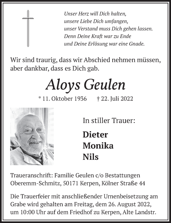 Anzeige von Aloys Geulen von  Werbepost 