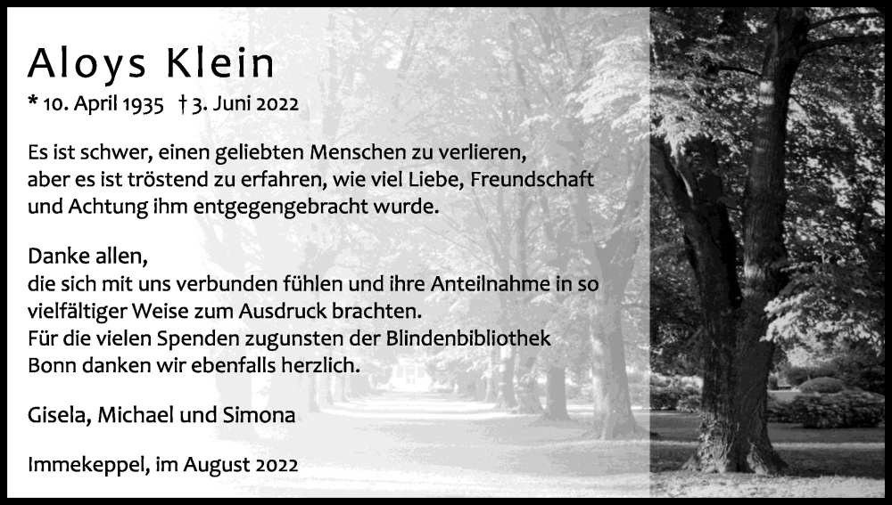  Traueranzeige für Aloys Klein vom 06.08.2022 aus Kölner Stadt-Anzeiger / Kölnische Rundschau / Express