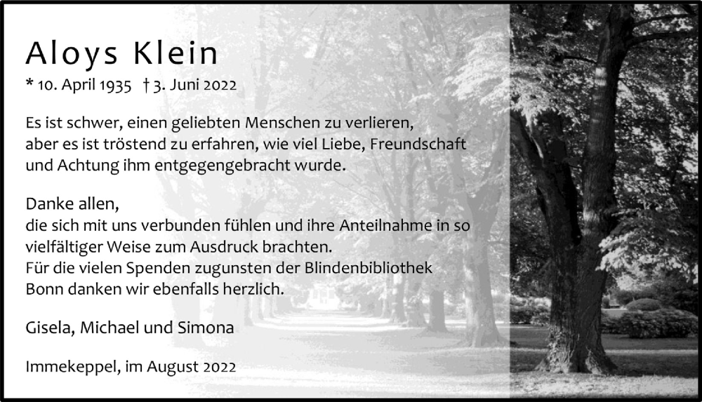  Traueranzeige für Aloys Klein vom 05.08.2022 aus  Bergisches Handelsblatt 
