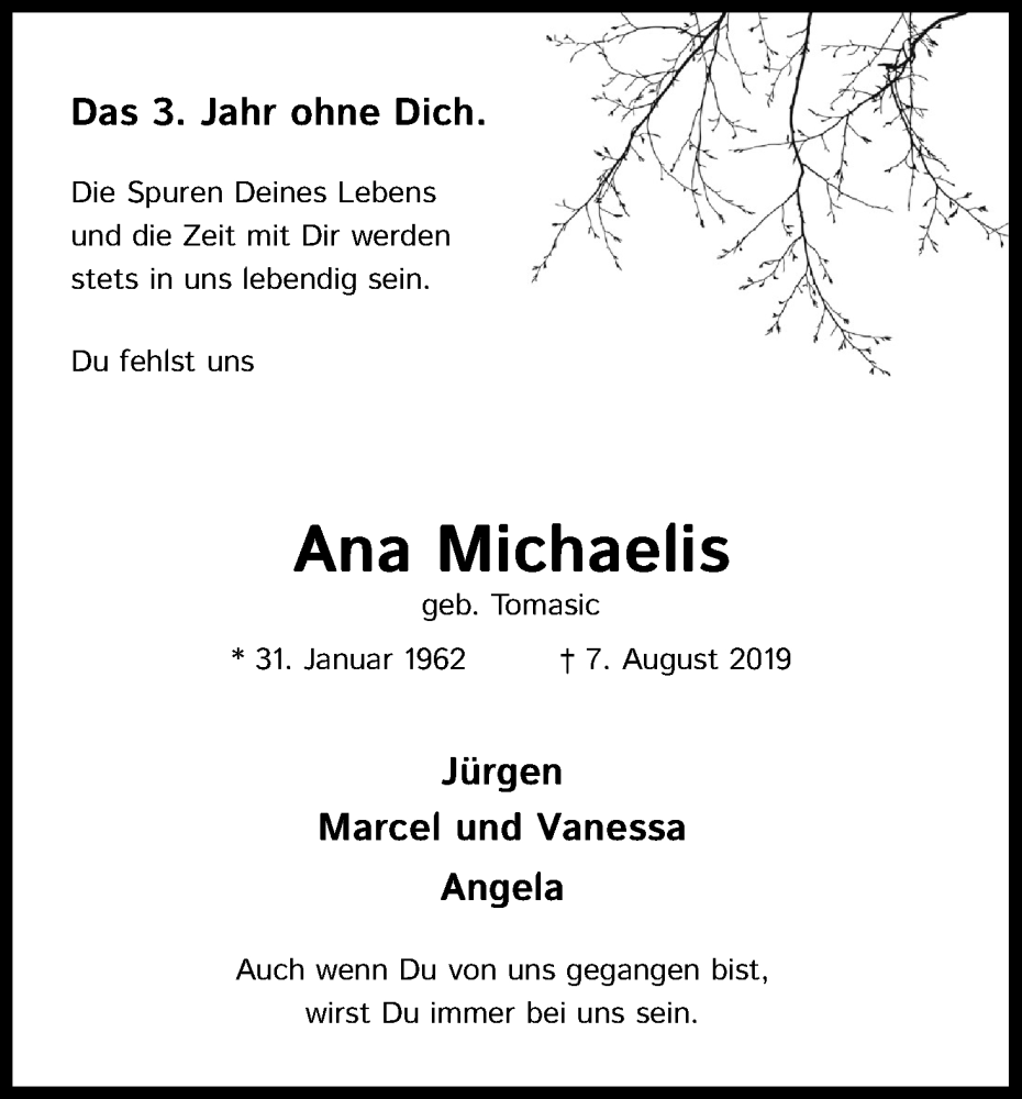  Traueranzeige für Ana Michaelis vom 06.08.2022 aus Kölner Stadt-Anzeiger / Kölnische Rundschau / Express