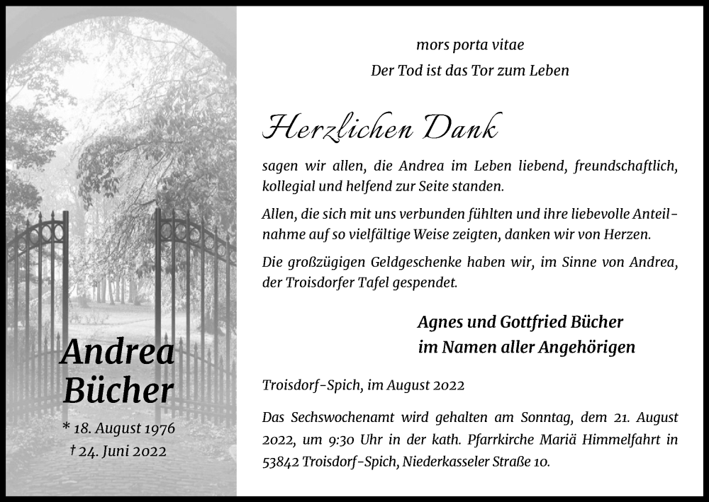  Traueranzeige für Andrea Bücher vom 13.08.2022 aus Kölner Stadt-Anzeiger / Kölnische Rundschau / Express