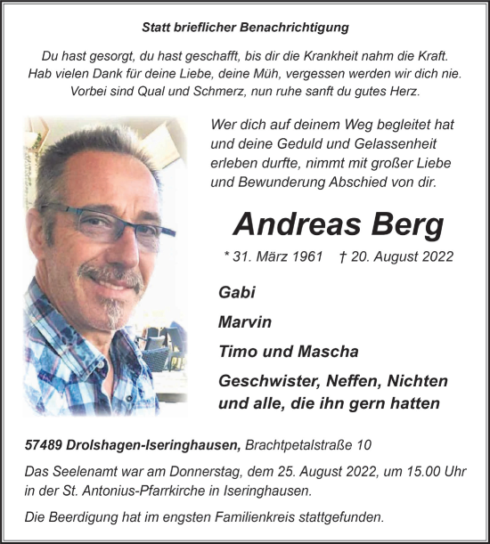 Anzeige von Andreas Berg von  Anzeigen Echo 