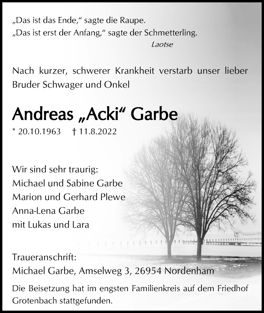  Traueranzeige für Andreas Garbe vom 27.08.2022 aus Kölner Stadt-Anzeiger / Kölnische Rundschau / Express