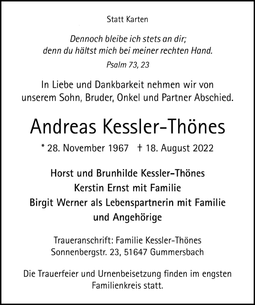  Traueranzeige für Andreas Kessler-Thönes vom 26.08.2022 aus  Anzeigen Echo 