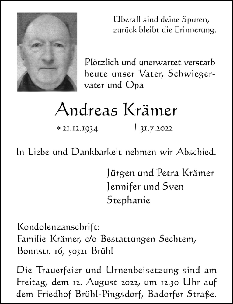  Traueranzeige für Andreas Krämer vom 05.08.2022 aus  Schlossbote/Werbekurier 