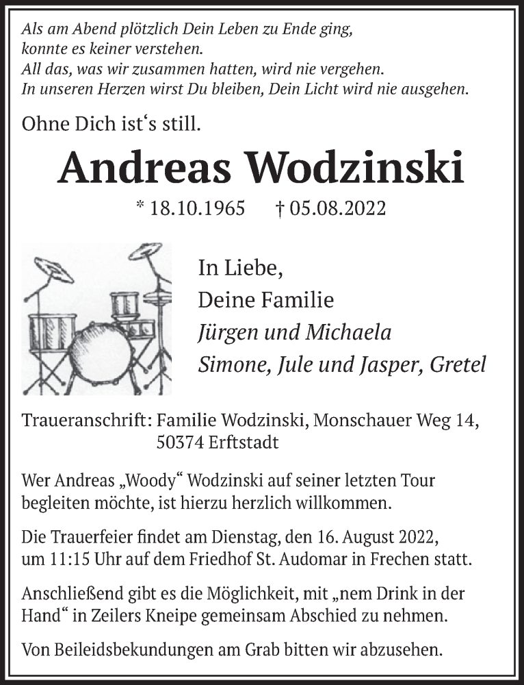  Traueranzeige für Andreas Wodzinski vom 12.08.2022 aus  Wochenende 