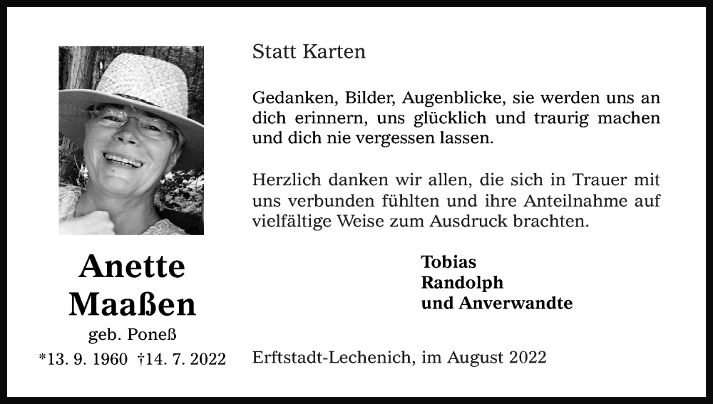  Traueranzeige für Anette Maaßen vom 13.08.2022 aus Kölner Stadt-Anzeiger / Kölnische Rundschau / Express