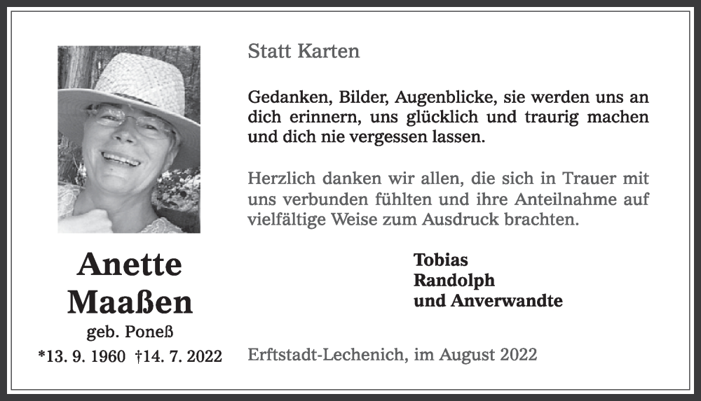  Traueranzeige für Anette Maaßen vom 12.08.2022 aus  Werbepost 