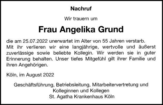 Anzeige von Angelika Grund von Kölner Stadt-Anzeiger / Kölnische Rundschau / Express