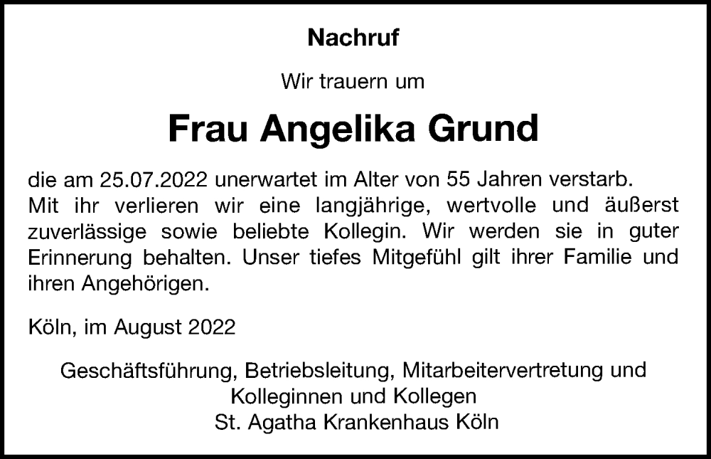  Traueranzeige für Angelika Grund vom 05.08.2022 aus Kölner Stadt-Anzeiger / Kölnische Rundschau / Express