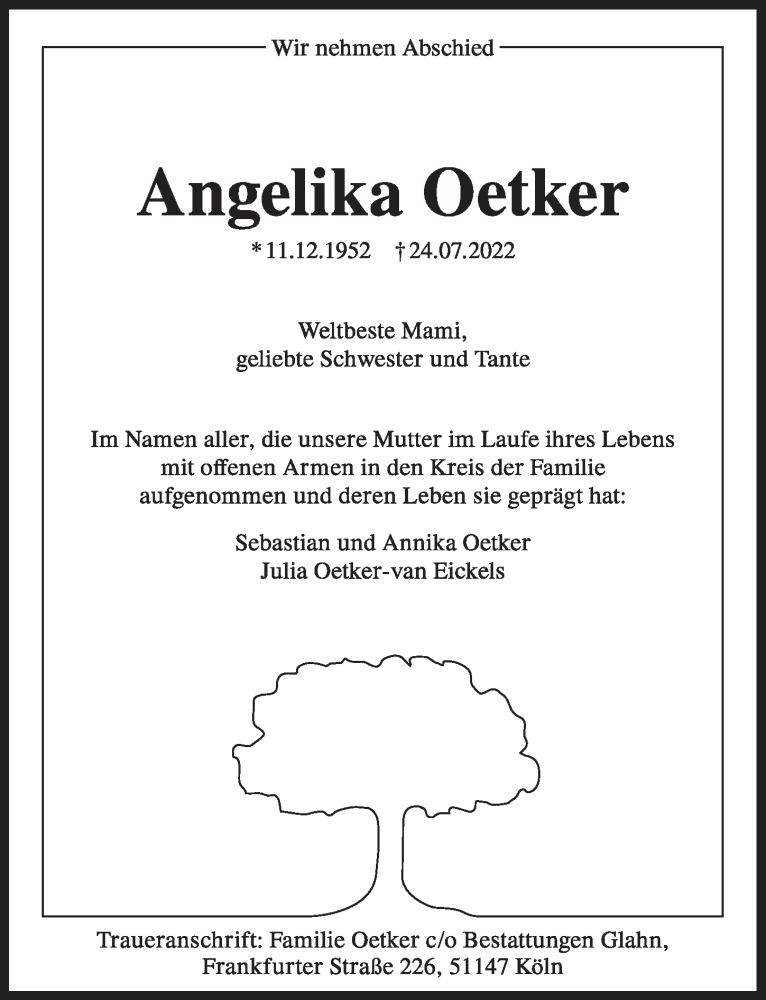  Traueranzeige für Angelika Oetker vom 05.08.2022 aus  EXPRESS - Die Woche 