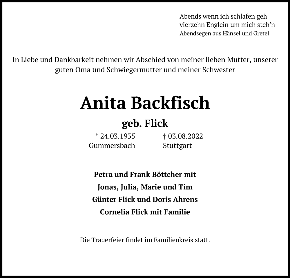  Traueranzeige für Anita Backfisch vom 05.08.2022 aus Kölner Stadt-Anzeiger / Kölnische Rundschau / Express