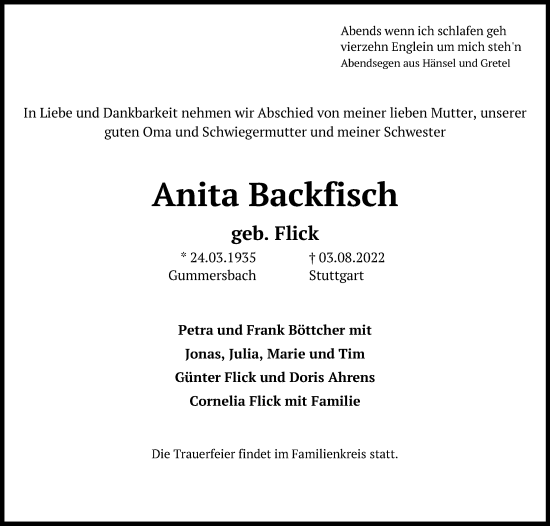 Anzeige von Anita Backfisch von Kölner Stadt-Anzeiger / Kölnische Rundschau / Express
