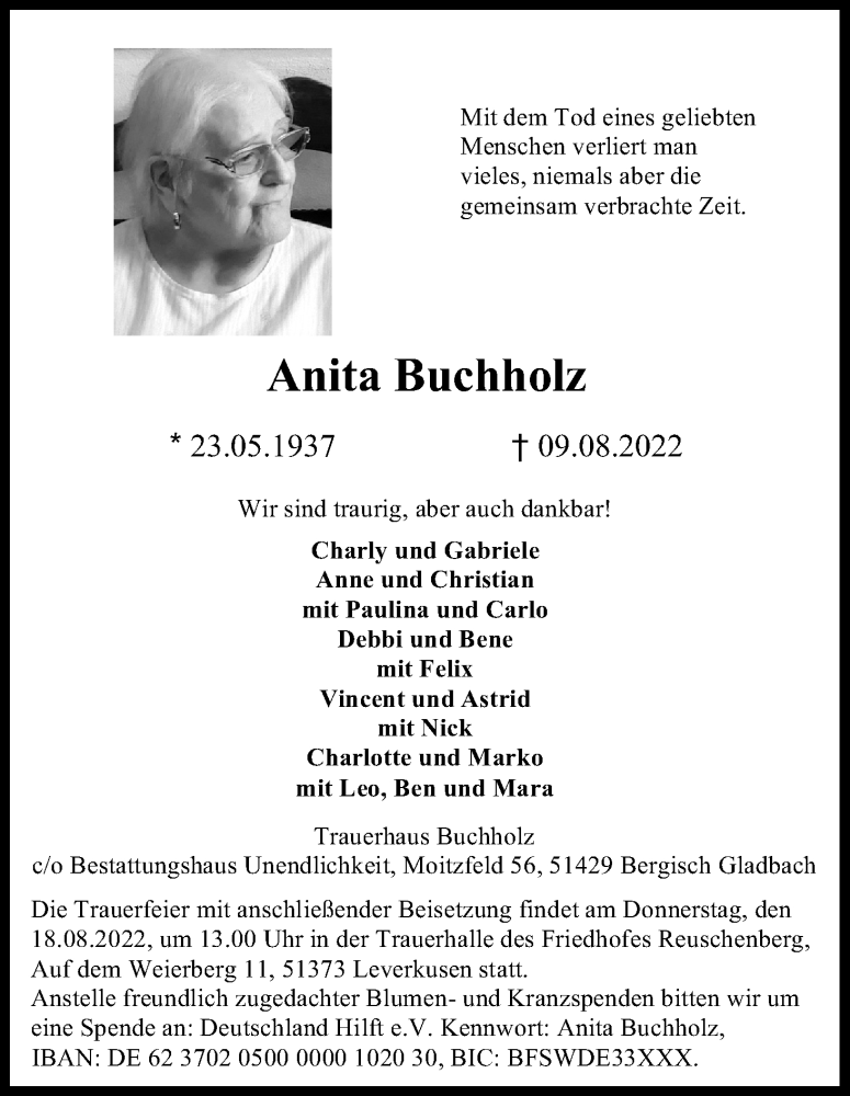  Traueranzeige für Anita Buchholz vom 13.08.2022 aus Kölner Stadt-Anzeiger / Kölnische Rundschau / Express