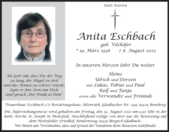 Anzeige von Anita Eschbach von Kölner Stadt-Anzeiger / Kölnische Rundschau / Express