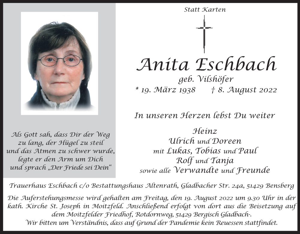  Traueranzeige für Anita Eschbach vom 13.08.2022 aus Kölner Stadt-Anzeiger / Kölnische Rundschau / Express