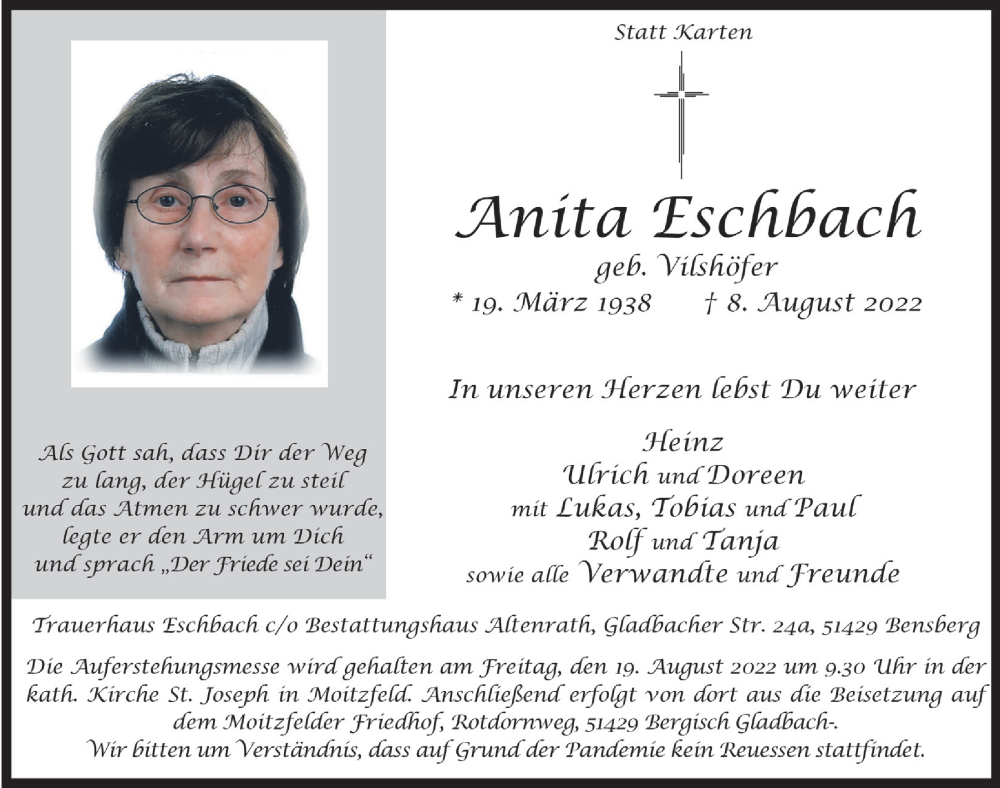  Traueranzeige für Anita Eschbach vom 12.08.2022 aus  Bergisches Handelsblatt 