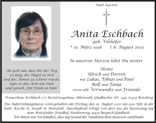 Anzeige von Anita Eschbach von  Bergisches Handelsblatt 