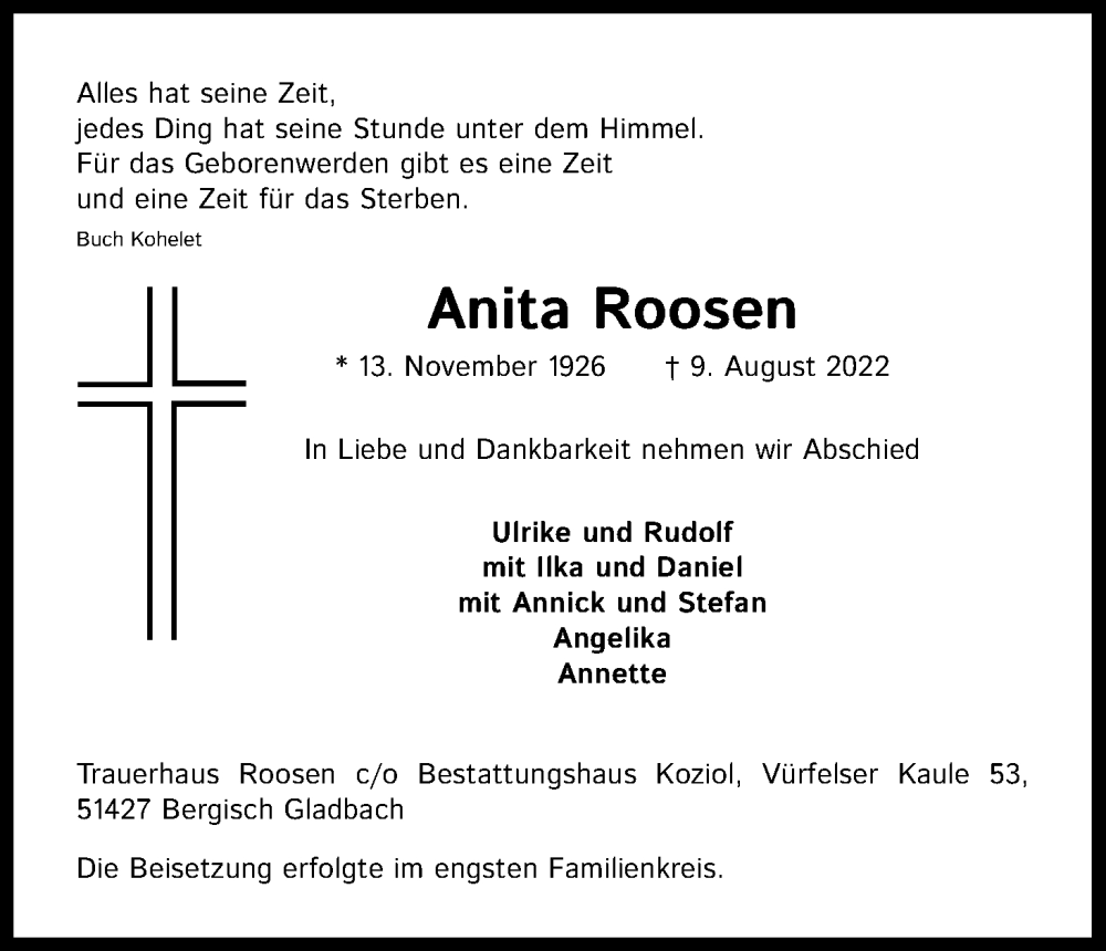  Traueranzeige für Anita Roosen vom 20.08.2022 aus Kölner Stadt-Anzeiger / Kölnische Rundschau / Express