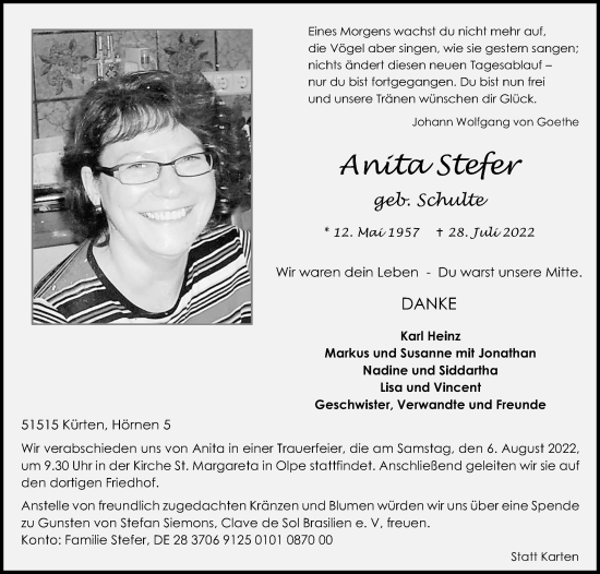 Anzeige von Anita Stefer von Kölner Stadt-Anzeiger / Kölnische Rundschau / Express