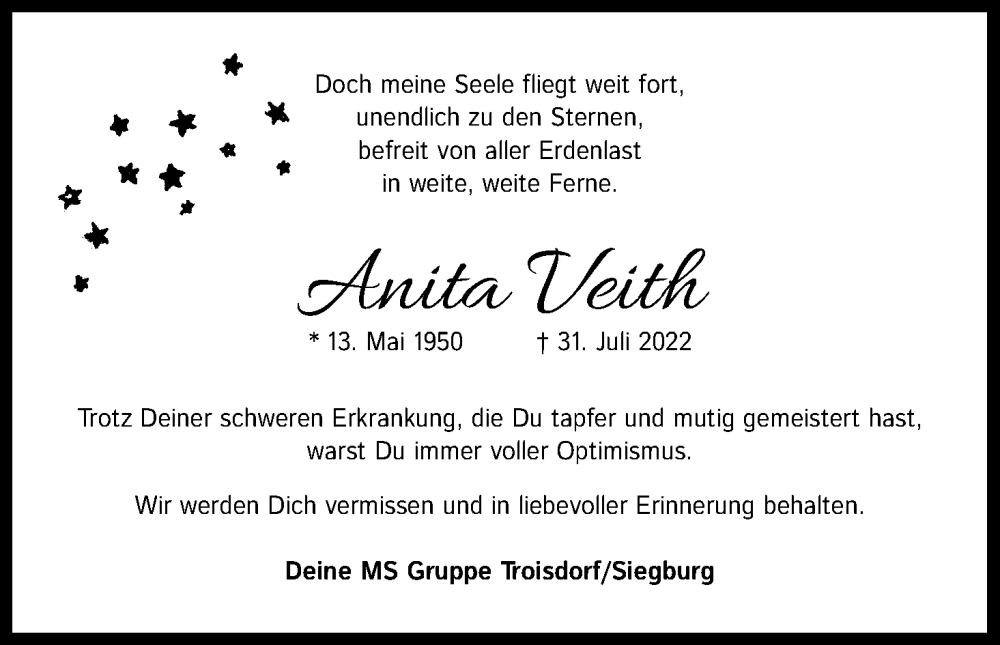  Traueranzeige für Anita Veith vom 13.08.2022 aus Kölner Stadt-Anzeiger / Kölnische Rundschau / Express