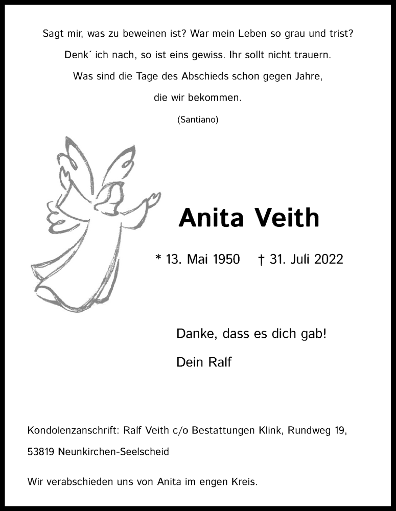  Traueranzeige für Anita Veith vom 06.08.2022 aus Kölner Stadt-Anzeiger / Kölnische Rundschau / Express