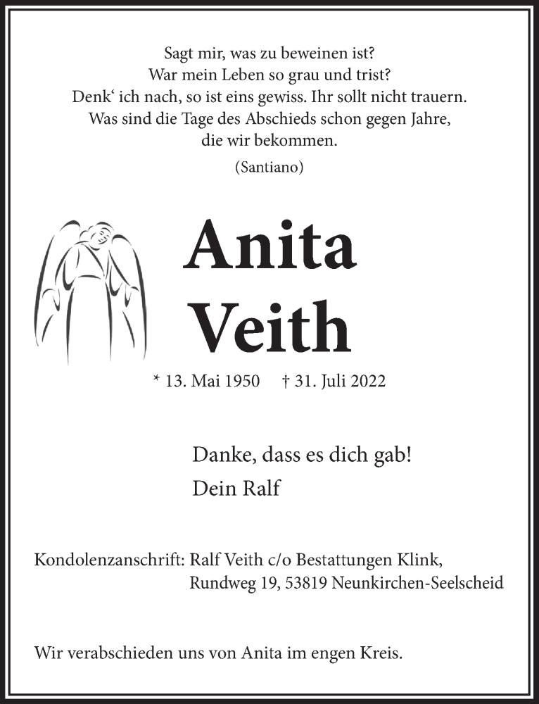  Traueranzeige für Anita Veith vom 05.08.2022 aus  Extra Blatt 