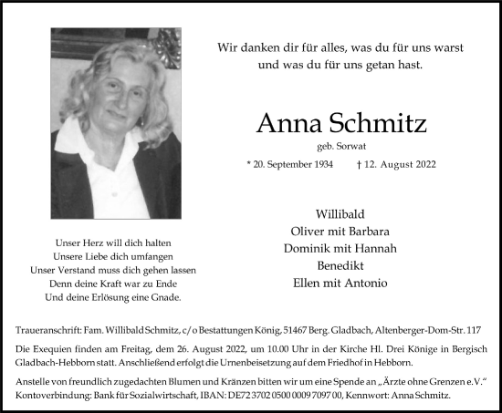 Anzeige von Anna Schmitz von  Bergisches Handelsblatt 