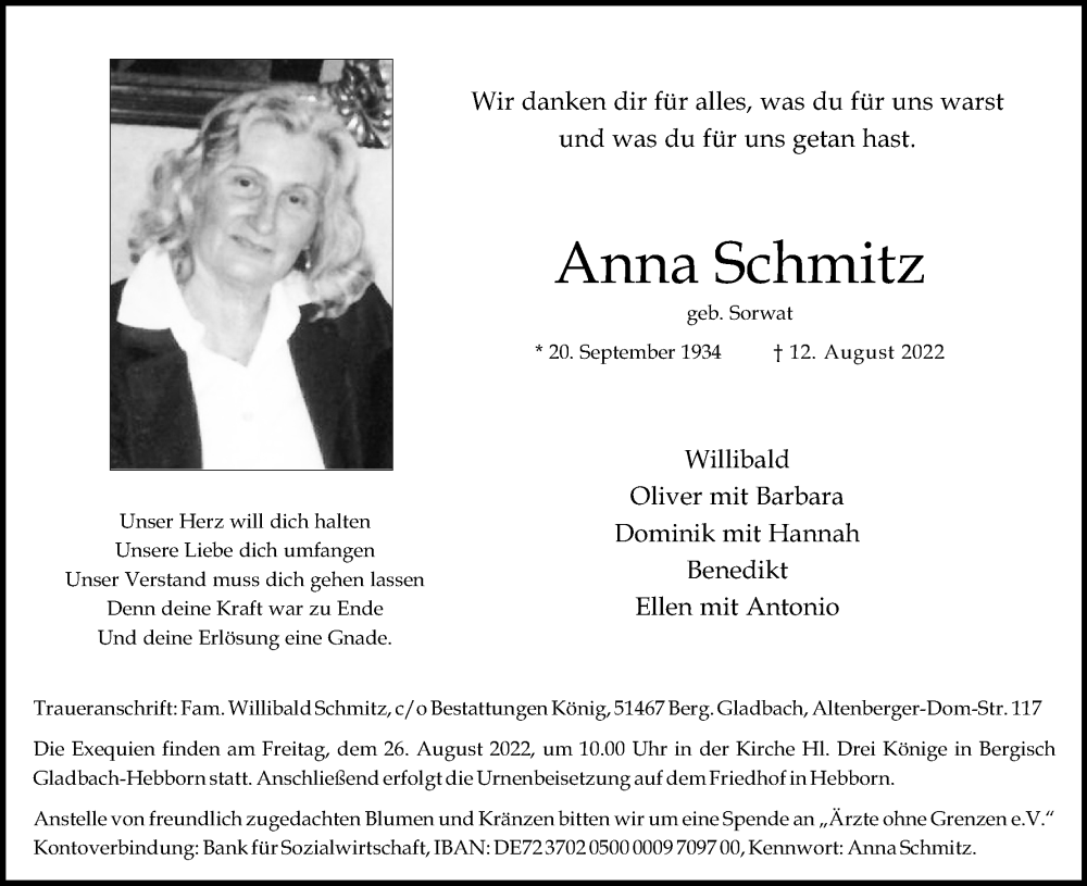  Traueranzeige für Anna Schmitz vom 20.08.2022 aus Kölner Stadt-Anzeiger / Kölnische Rundschau / Express