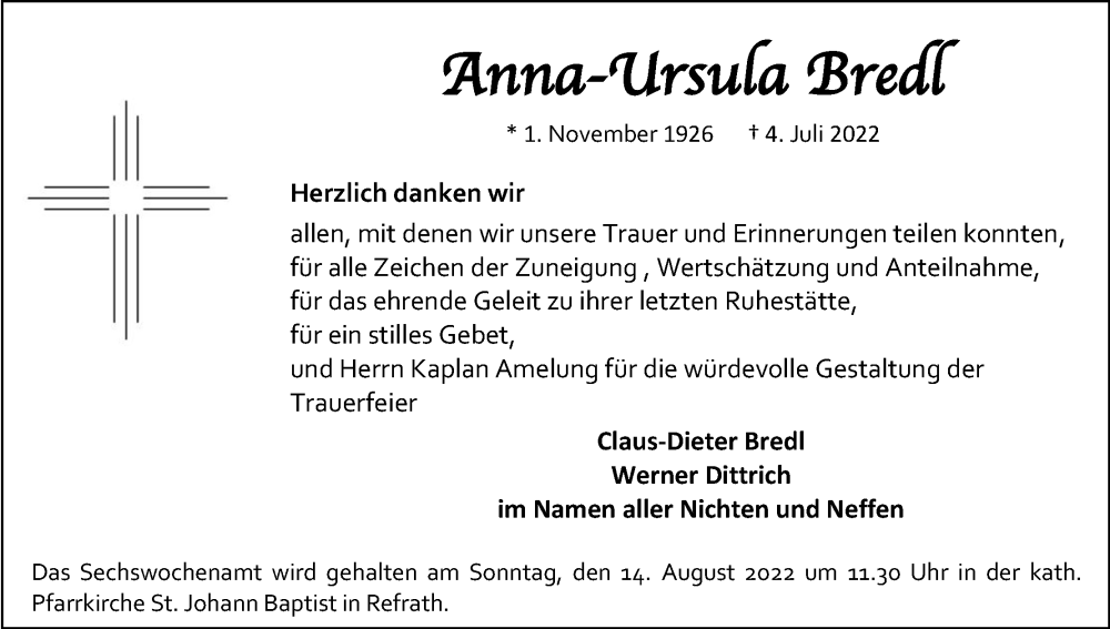  Traueranzeige für Anna-Ursula Bredl vom 06.08.2022 aus Kölner Stadt-Anzeiger / Kölnische Rundschau / Express