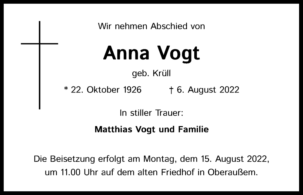  Traueranzeige für Anna Vogt vom 13.08.2022 aus Kölner Stadt-Anzeiger / Kölnische Rundschau / Express