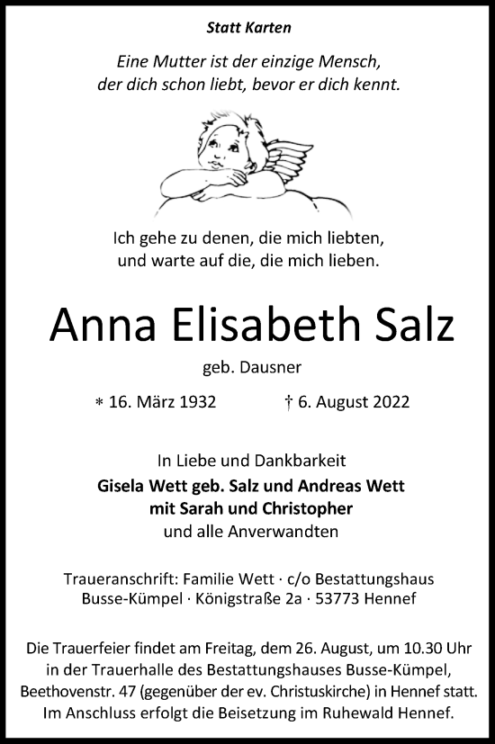 Anzeige von Anna Elisabeth Salz von Kölner Stadt-Anzeiger / Kölnische Rundschau / Express