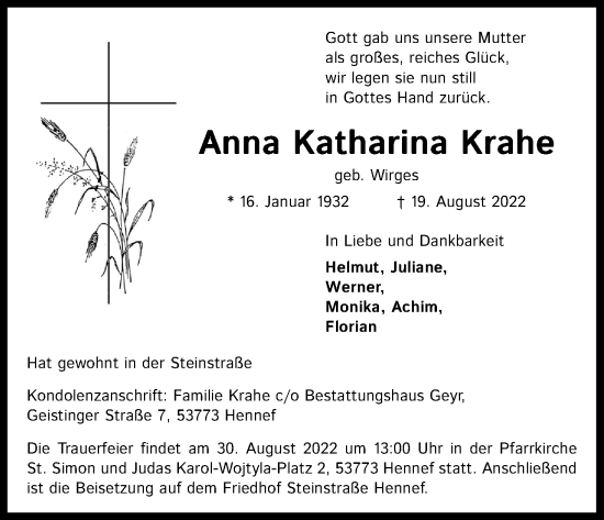 Anzeige von Anna Katharina Krahe von Kölner Stadt-Anzeiger / Kölnische Rundschau / Express