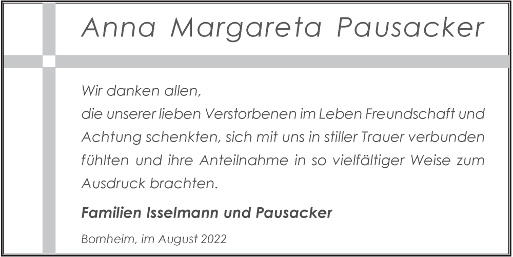  Traueranzeige für Anna Margareta Pausacker vom 12.08.2022 aus  Schlossbote/Werbekurier 