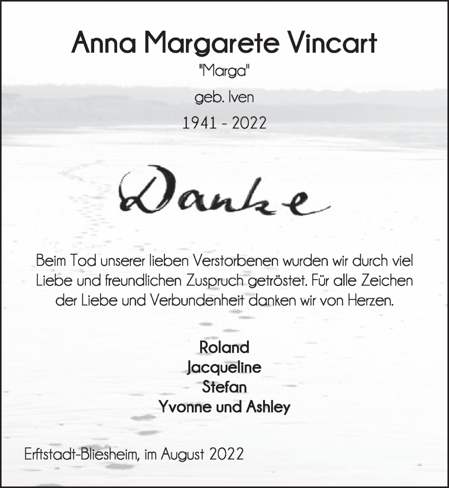  Traueranzeige für Anna Margarete Vincart vom 26.08.2022 aus  Werbepost 