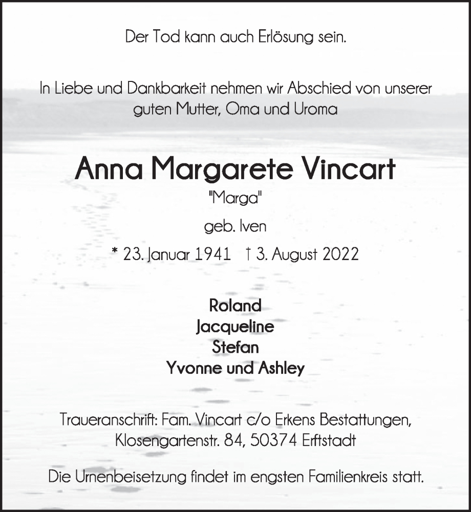  Traueranzeige für Anna Margarete Vincart vom 12.08.2022 aus  Werbepost 