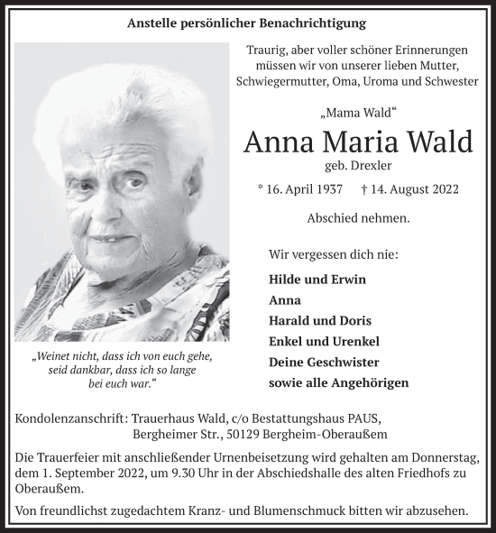 Anzeige von Anna Maria Wald von  Werbepost 
