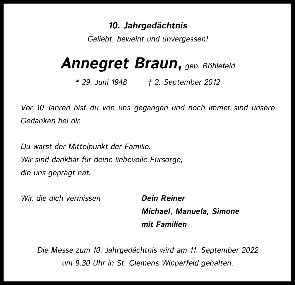  Traueranzeige für Annegret Braun vom 27.08.2022 aus Kölner Stadt-Anzeiger / Kölnische Rundschau / Express