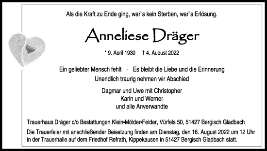 Anzeige von Anneiiese Dräger von Kölner Stadt-Anzeiger / Kölnische Rundschau / Express