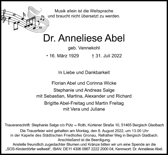 Anzeige von Anneliese Abel von Kölner Stadt-Anzeiger / Kölnische Rundschau / Express