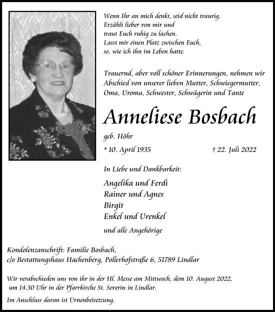 Anzeige von Anneliese Bosbach von Kölner Stadt-Anzeiger / Kölnische Rundschau / Express