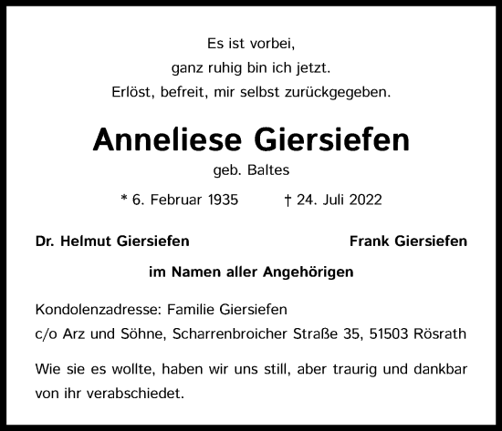 Anzeige von Anneliese Giersiefen von Kölner Stadt-Anzeiger / Kölnische Rundschau / Express