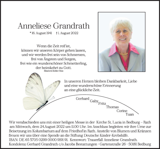 Anzeige von Anneliese Grandrath von  Werbepost 