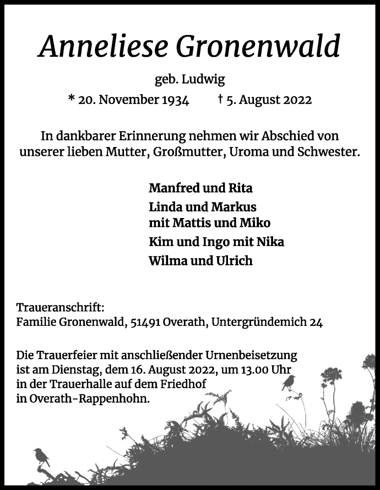  Traueranzeige für Anneliese Gronenwald vom 10.08.2022 aus Kölner Stadt-Anzeiger / Kölnische Rundschau / Express