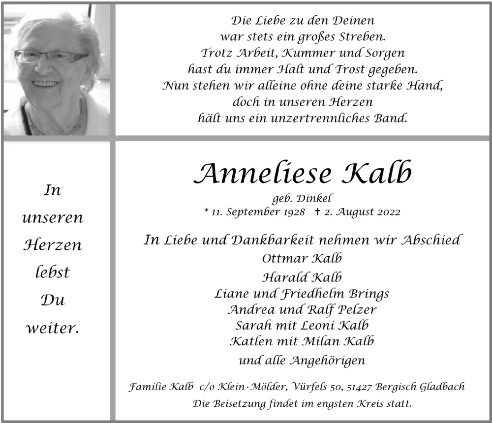  Traueranzeige für Anneliese Kalb vom 12.08.2022 aus  Bergisches Handelsblatt 