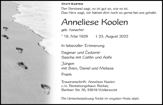 Anzeige von Anneliese Koolen von  Blickpunkt Euskirchen 