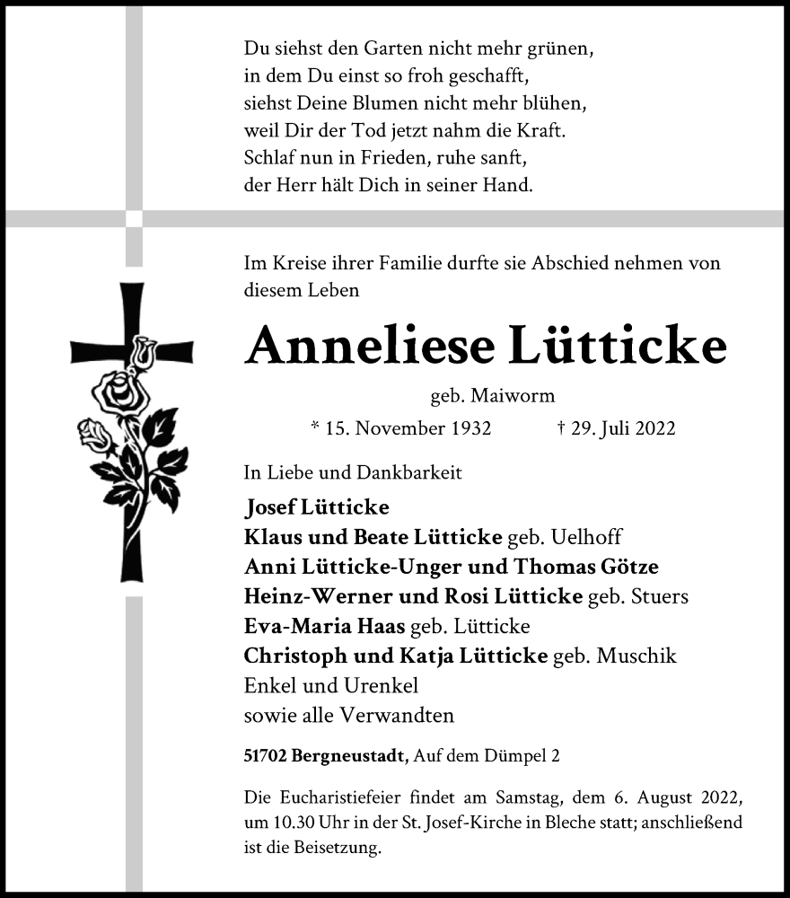  Traueranzeige für Anneliese Lütticke vom 03.08.2022 aus Kölner Stadt-Anzeiger / Kölnische Rundschau / Express